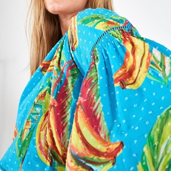 Farm Rio Banana Sky Blouse Size XS NWT Tie Neck Swiss Dot Cotton Balloon Sleeve - Picture 3 of 12